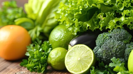 Fresh green vegetables and fruits arranged on wooden table with copy space, representing healthy eating and liver care concept for wellness lifestyle.
