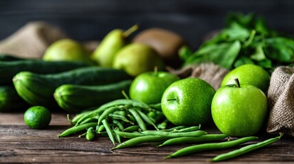Fresh green vegetables and fruits arranged on wooden table with copy space, representing healthy eating and liver care concept for wellness lifestyle.
