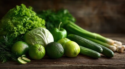 Fresh green vegetables and fruits arranged on wooden table with copy space, representing healthy eating and liver care concept for wellness lifestyle.
