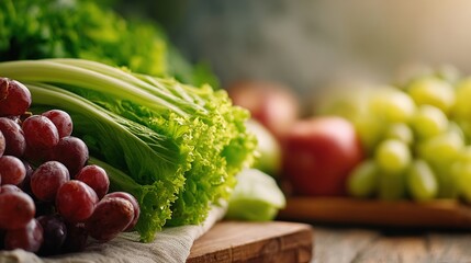Fresh green vegetables and fruits arranged on wooden table with copy space, representing healthy eating and liver care concept for wellness lifestyle.
