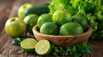 Fresh green vegetables and fruits arranged on wooden table with copy space, representing healthy eating and liver care concept for wellness lifestyle.
