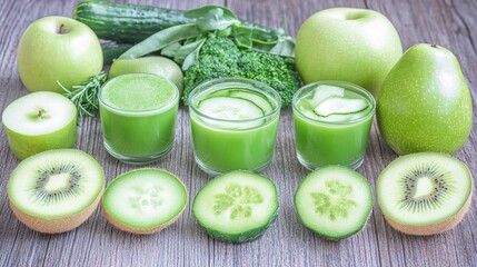 Fresh green vegetables and fruits arranged on wooden table with copy space, representing healthy eating and liver care concept for wellness lifestyle.
