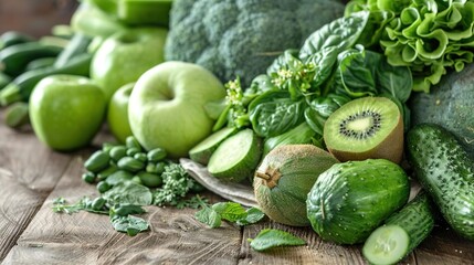 Fresh green vegetables and fruits arranged on wooden table with copy space, representing healthy eating and liver care concept for wellness lifestyle.
