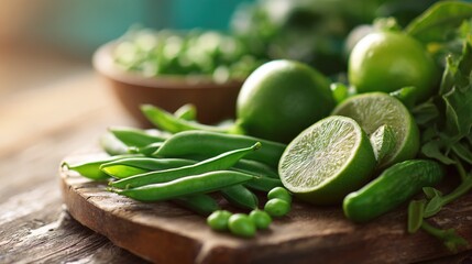 Fresh green vegetables and fruits arranged on wooden table with copy space, representing healthy eating and liver care concept for wellness lifestyle.
