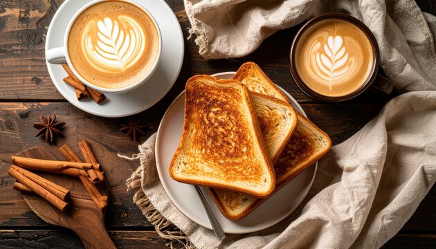 4K overhead view of a cozy breakfast scene with cinnamon toast, a latte with latte art, and a linen napkin on a farmhouse-style table - Powered by Adobe