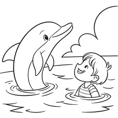 Autistic Child Floating Peacefully in Water – Coloring Book Style Vector for Calm and Mindfulness