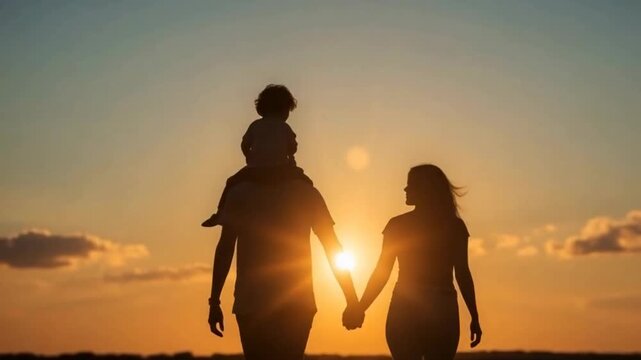 A silhouetted family of three, holding hands and enjoying a sunset on a serene landscape.