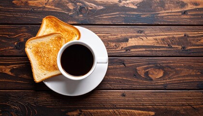 Top-down 4K HD image of a breakfast table with two slices of golden toasted bread and a white cup of black coffee on a rustic wooden surface