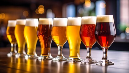 Row of various beer glasses on a bar top