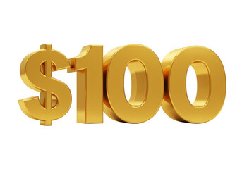 A shiny golden 3d number one hundred dollar sign, symbolizing wealth and financial success isolated on transparent background