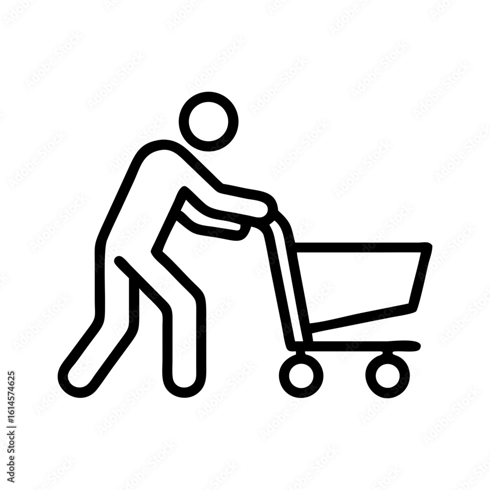 Poster vector art of a simple black and white outline icon of a person pushing a shopping cart representing