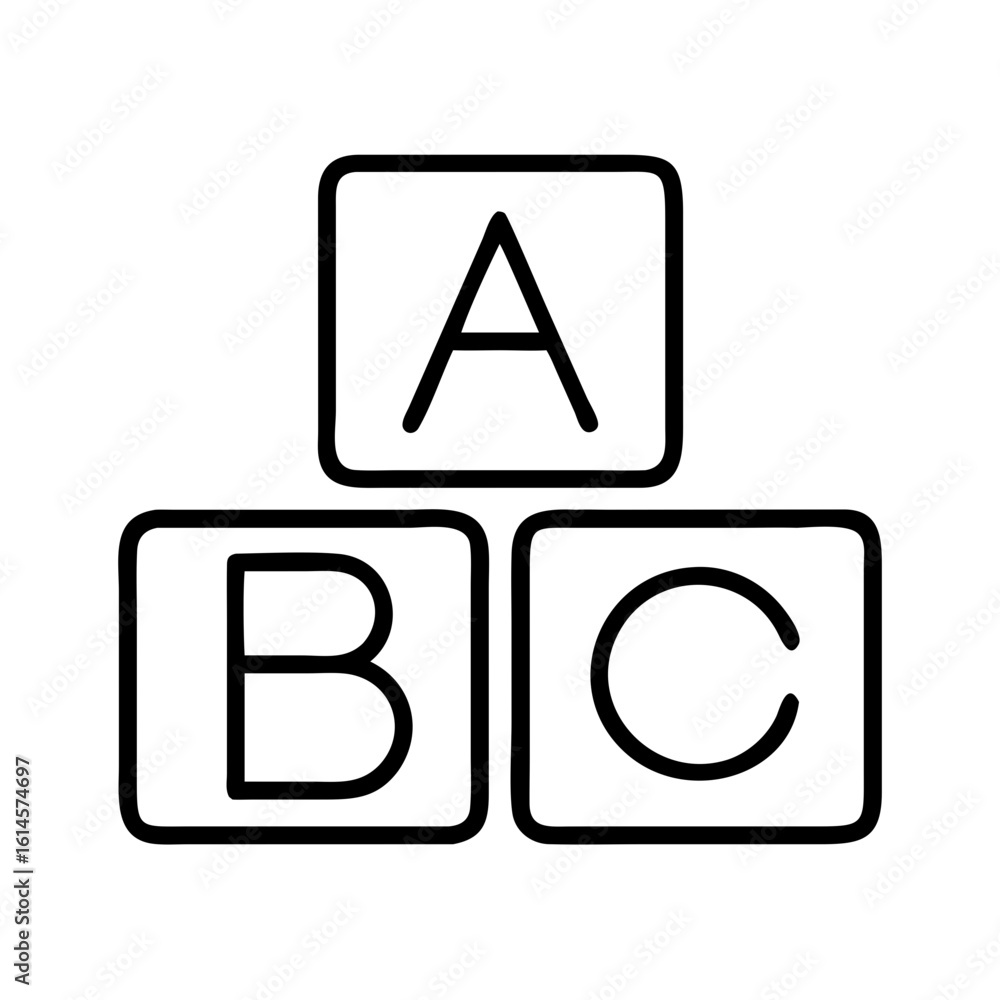 Poster vector art of a simple line drawing of three toy blocks stacked in a pyramid formation with the lett