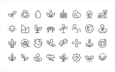 Environmental conservation line icons, recycling, climate action, and clean energy