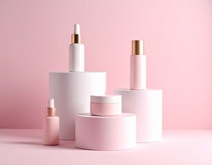 Make up products prsented on white podiums on pink pastel background. Mockup for bran