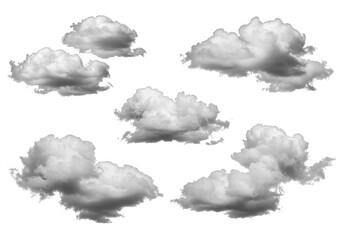 A collection of fluffy white clouds scattered across a clear sky, isolated on a transparent background
