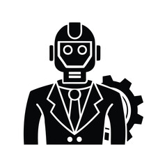 Futuristic Robot in Business Suit Standing Next to a Cogwheel Icon