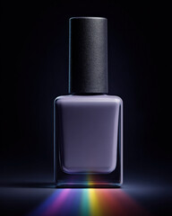 Sleek, modern nail polish bottle stands against dark background, showcasing soft lavender hue. light reflects off glass, creating subtle rainbow effect, evoking sense of luxury and elegance