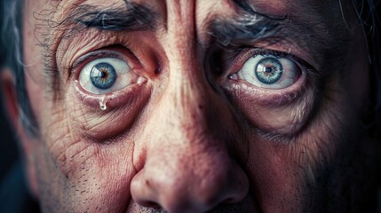 Distressed man with teary eyes expressing deep sadness and emotional pain, mental health awareness and psychological trauma concept.
