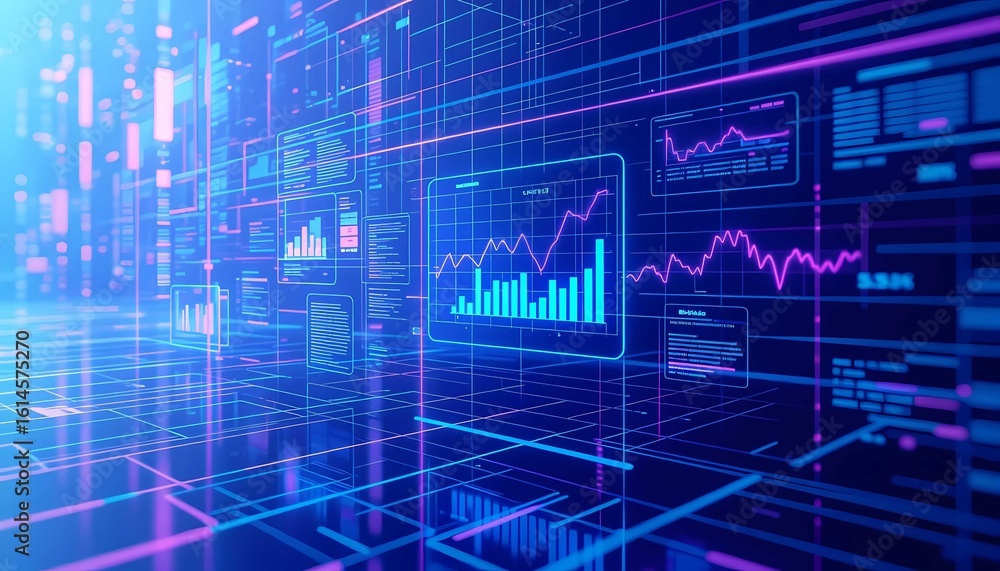 Poster futuristic digital infographic showing financial growth, complex algorithm, and data visualisation w