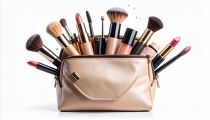 make up bag with flying out cosmetics, isolated on white
