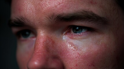 Distressed man with teary eyes expressing deep sadness and emotional pain, mental health awareness and psychological trauma concept.
