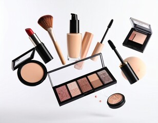 make up bag with flying out cosmetics, isolated on white