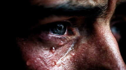 Distressed man with teary eyes expressing deep sadness and emotional pain, mental health awareness and psychological trauma concept.
