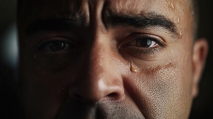 Distressed man with teary eyes expressing deep sadness and emotional pain, mental health awareness and psychological trauma concept.
