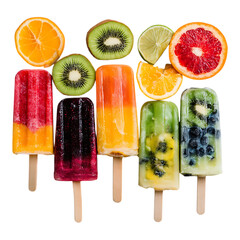 Assortment of colorful fruit popsicles with fresh fruit slices on a on transparent background