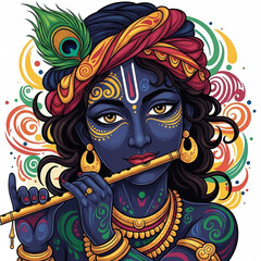 Vibrant Lord Krishna Playing Flute - Artistic Devotion and Colorful Energy