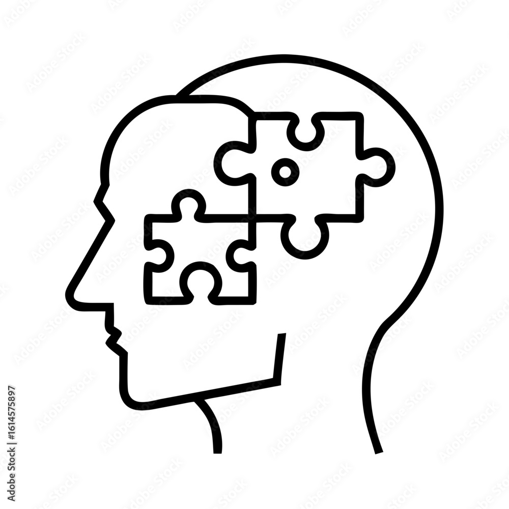 Poster vector art of an outline illustration depicts a human head profile with puzzle pieces fitting togeth