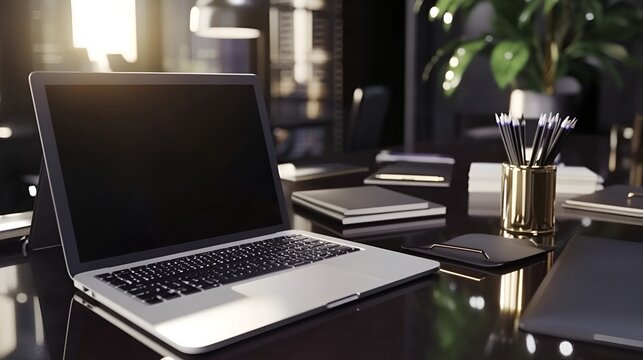 Modern workspace with laptop phone and documents ready for business









 