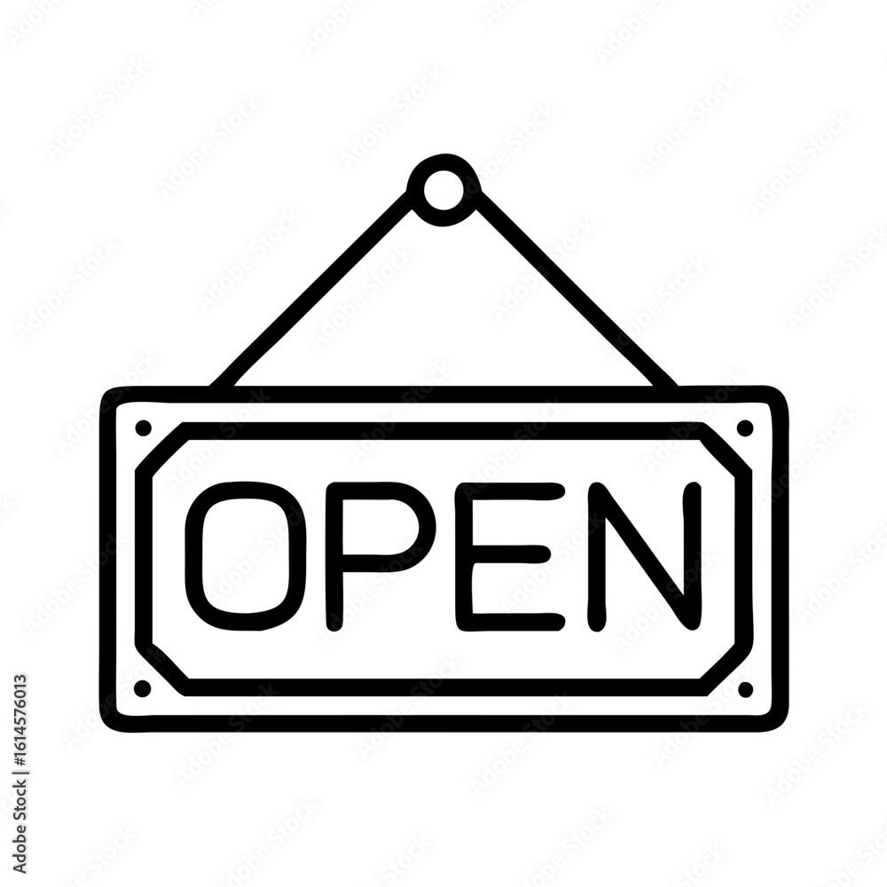 Poster vector art of a simple black and white outline icon of a rectangular sign with the word open hanging