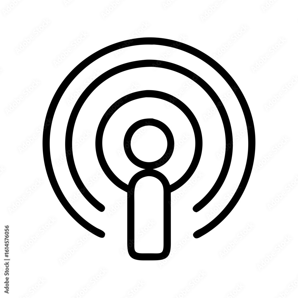 Poster vector art of a simple black outline icon representing a podcast or radio broadcast signal with conc