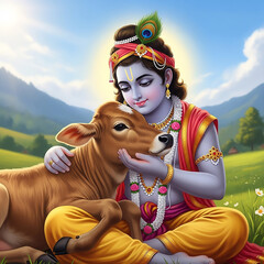 Lord Krishna and Calf in Lush Pasture - Embracing Divine Love and Nature