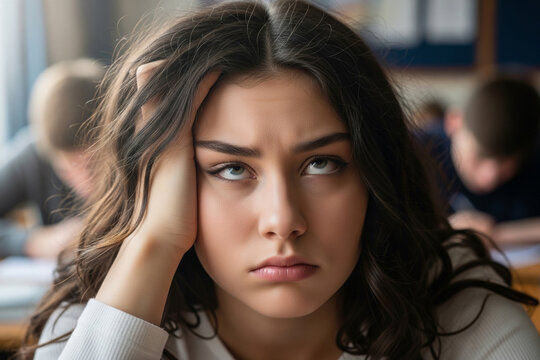 Bored Teenager Rolls Eyes in Frustration During Class, Hand on Forehead