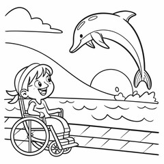 Child in Wheelchair Watching Dolphin Jump – Inclusive Coloring Book Style Vector