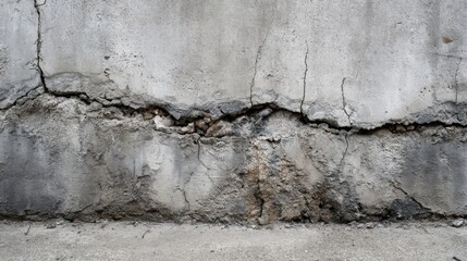 Obraz premium A concrete wall shows significant cracks and peeling materials, revealing a rough texture in an urban environment under bright daylight. The visible deterioration hints at age and wear.