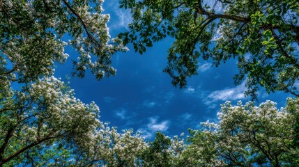 Fototapeta premium A vibrant blue sky is visible through a natural frame of green leaves and white blossoms. Sunlight filters through the branches, creating a peaceful atmosphere during midday in a serene park.