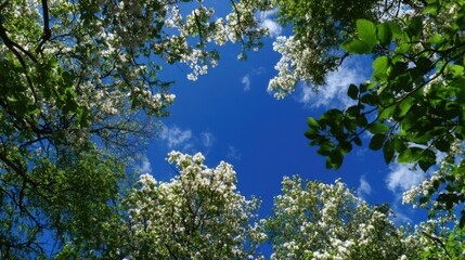 Looking up at a vibrant blue sky surrounded by blossoming trees, with fluffy white clouds gently drifting overhead on a beautiful spring afternoon.