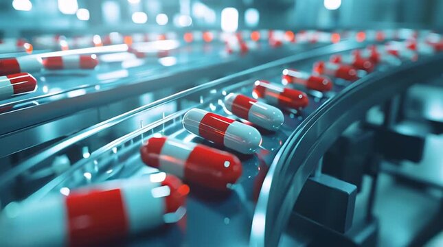 Close-up of a production line featuring vibrant red and white capsules, highlighting modern pharmaceutical manufacturing.