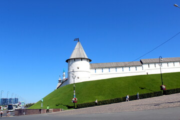 The white walls of the Kazan Kremlin on a clear sunny summer day.