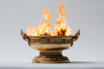 Festive ceremonial brazier with vibrant flames and golden incense during temple celebration