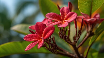 Obraz premium Lush, vibrant red flowers are adorned with droplets of dew, showcasing their beauty in a sunlit tropical garden. Green leaves provide a rich backdrop, enhancing the colors.
