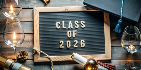 Class of 2026 letterboard with graduation cap and wine glasses.