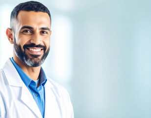 Healthcare professional in white lab coat and blue collared shirt poses against soft blue background. A crisp scene symbolizing trust, medical expertise, and professional identity
