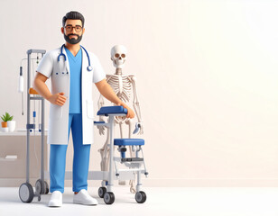 Medical professional in white coat and blue scrubs stands beside skeleton, walker, IV drip, and supplies. A clinical scene blending education, healthcare, anatomy, and practice essentials