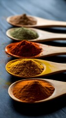 Aromatic Spices in Wooden Spoons on a Rustic Tabletop