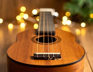 Obraz premium Close-up of a ukulele on a wooden surface with holiday lights