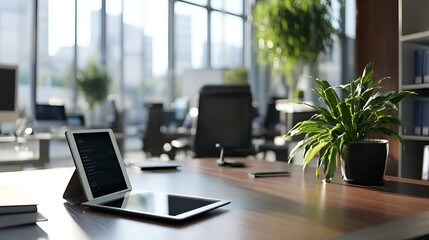 Modern office workspace with tablet and plant ready for business success









 